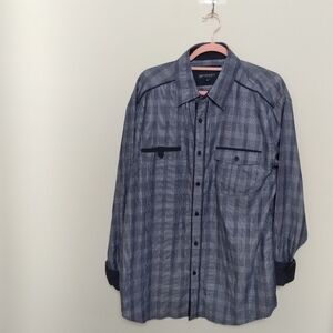 Knockout Jeans Blue Plaid Tab Sleeve Button Front Shirt Size XL